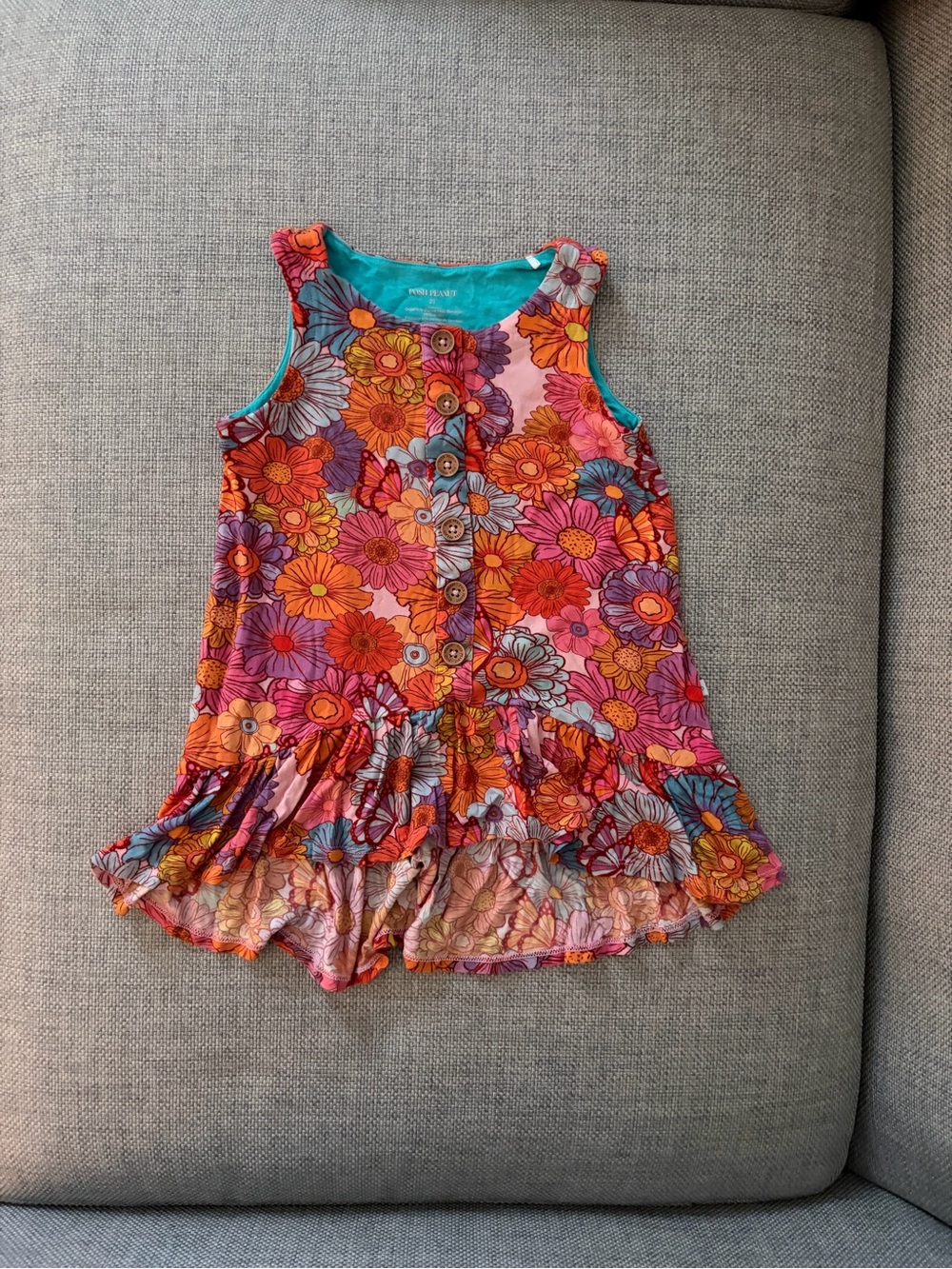Posh Peanut Meadow Sleeveless Henley Ruffled Hi Low Dress, 2T